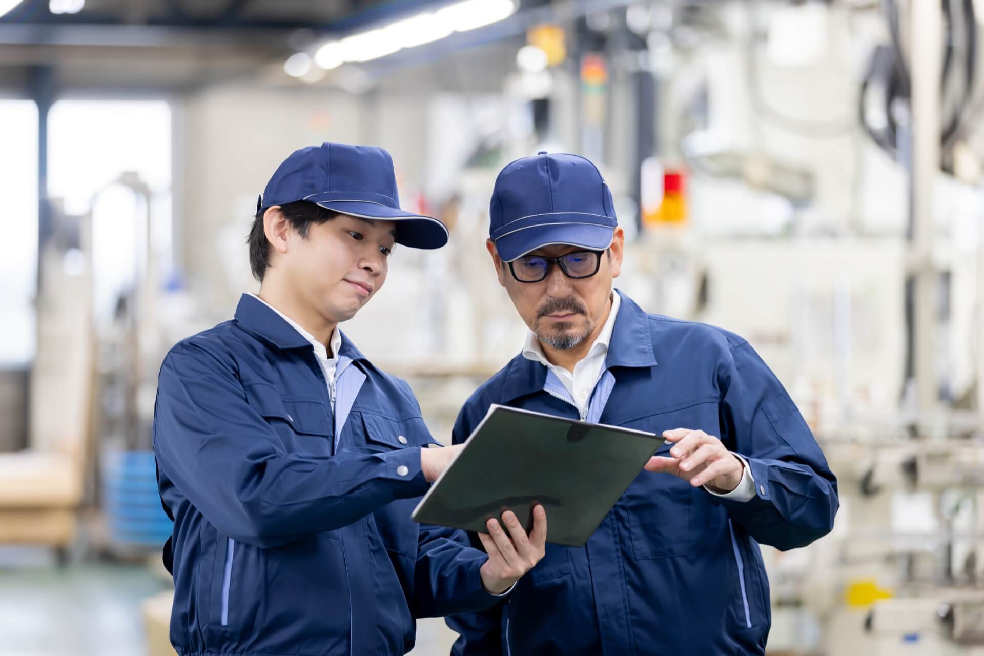 製造工場でタブレットを見ながら打ち合わせをする、ベテランと若手の作業員