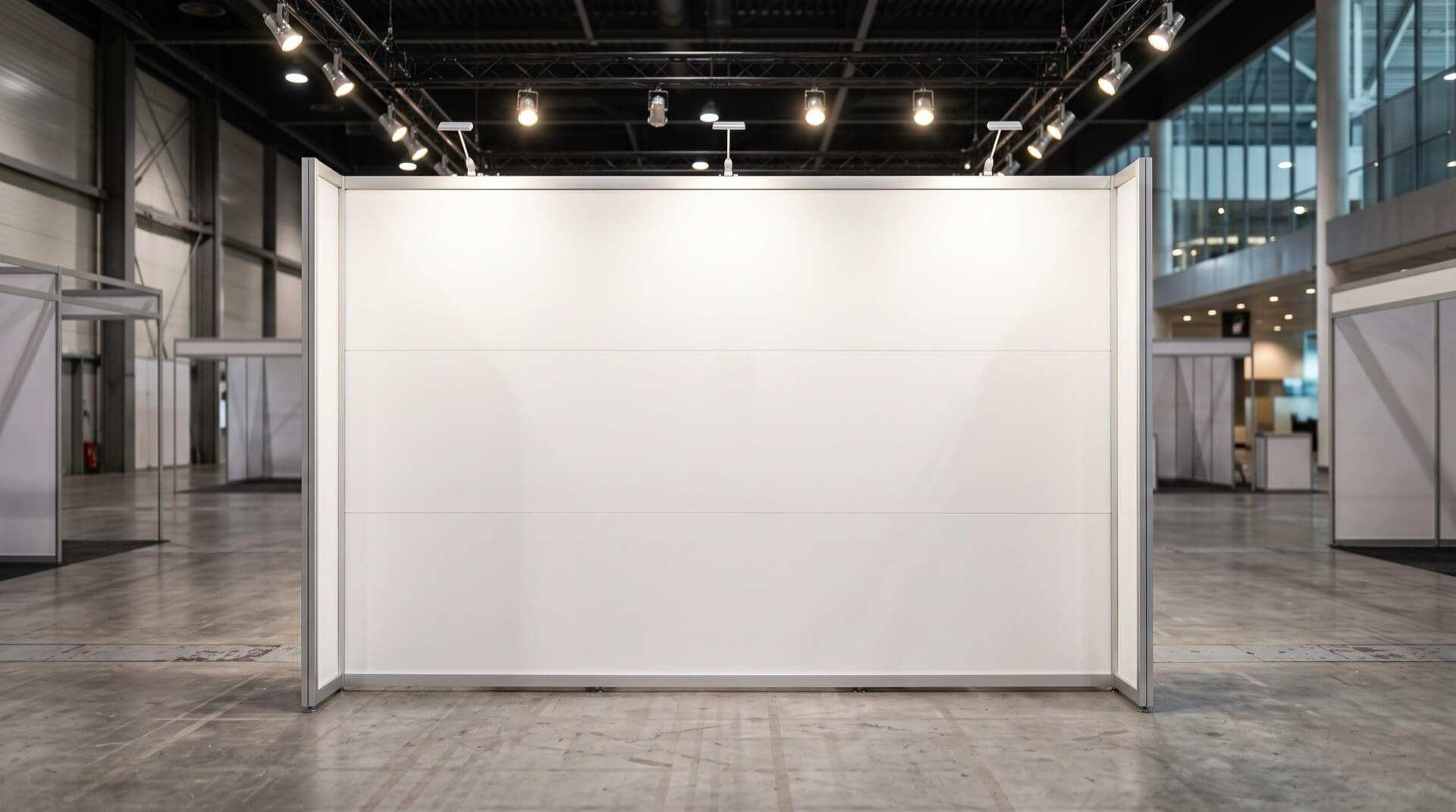 設営前の展示会場に立てられた、何も貼られていない白いブースの壁