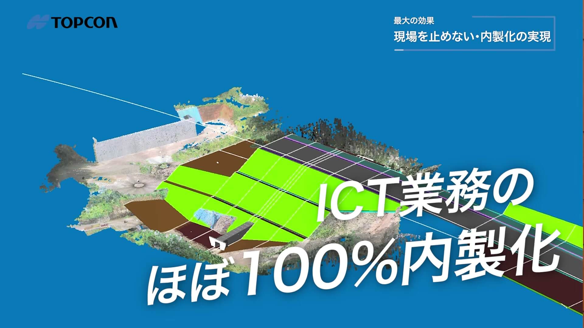 点群データのグラフィックと「ICT業務のほぼ100%内製化」のテロップ