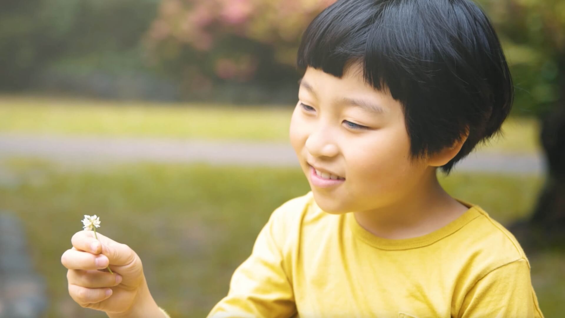 公園の芝生で、摘んだ小さな花を見つめて笑う子ども
